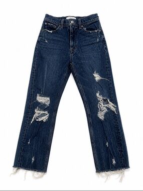 Abercrombie & Fitch High Rise Mom Jeans 26S Distressed Dark Wash Raw Hem